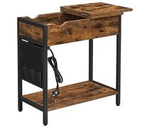 VASAGLE Table d’Appoint avec Multiprise, Étroite, Ports USB | Petite Table de Chevet, Pochette de Rangement, pour Salon, Chambre, Marron Rustique et Noir, Collection BARNET LET311B01