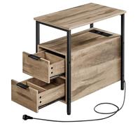 VASAGLE Table d’Appoint avec Multiprise, Petite et Fine, 2 Tiroirs | Table de Chevet avec Rangement, pour Salon, Chambre, Marron Camel et Noir Mat, Collection BARNET LET325K01