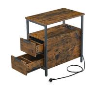 VASAGLE Table d’Appoint avec Multiprise, Petite et Fine, 2 Tiroirs | Table de Chevet avec Rangement, pour Salon, Chambre, Marron Rustique et Noir Mat, Collection BARNET LET325B01
