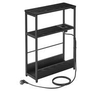 VASAGLE Table d’Appoint Fine avec Multiprise, Table de Chevet à 3 Niveaux, Bout de Canapé, pour Petits Espaces, Porte-Magazines, Salon, Chambre, Bureau, Noir Boisé et Noir d'encre LET335B02