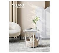 VASAGLE Table d'appoint ronde avec station de charge et ports USB, panier en tissu, blanc mat, marron camel