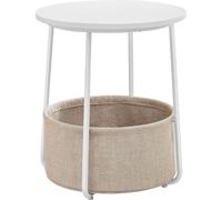 VASAGLE Table d'appoint, Table d'appoint ronde avec panier en tissu, spacieuse, pour le salon, la chambre à coucher, table de nuit, style moderne, blanc et beige