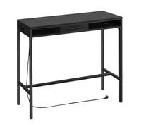 VASAGLE Table de Bar, Table de Pub avec Multiprise et Tiroir Amovible en Tissu Non-Tissé, Crochets, 40 x 120 x 105 cm, Noir Boisé LBT029B02V1