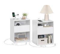 VASAGLE Table de Chevet, Assemblage sans Outils, Table d’Appoint avec Multiprise et Tiroir, Moderne, Chambre, Salon, Blanc Mat LET777W04