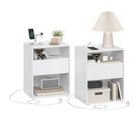 VASAGLE Table de Chevet, Assemblage sans Outils, Lot de 2, Table d’Appoint avec Multiprise et Tiroir, Moderne, Chambre, Salon, Blanc Mat LET776W01