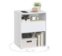 VASAGLE Table de Chevet, Assemblage Ultra-rapide sans Outils Toolless, Table d’Appoint avec Multiprise et Tiroir, Moderne, Chambre, Salon, Blanc Mat LET777W04