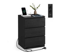 VASAGLE Table de Chevet avec Multiprise, Table d’Appoint avec 3 Tiroirs, 2 Prises CA, 2 Ports USB, Façades de Tiroirs Biseautées, pour Salon, Chambre, Bureau, Moderne, Noir Boisé LET631B56