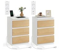 VASAGLE Table de Chevet avec Multiprise, Lot de 2, 3 Tiroirs, 2 Prises CA