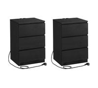 Table De Chevet Avec Multiprise, Lot De 2, Table D'appoint Avec 3 Tiroirs, 2 Prises Ca, 2 Ports Usb, Noir Boisé Noir