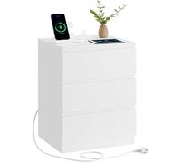 VASAGLE Table de Chevet avec Multiprise, Table d’Appoint avec 3 Tiroirs, 2 Prises CA, 2 Ports USB, Moderne, Blanc Nuage