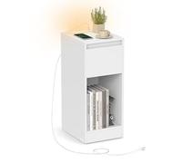 VASAGLE Table de Chevet Étroite, Table d’Appoint, avec Éclairage LED, 1 Port USB-A, 1 Port USB-C, Tiroir et Compartiment Ouvert, pour Chambre, Salon, Blanc Nuage LET610W01