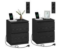 VASAGLE Kailyn Collection - Lot de 2, Table de Chevet avec Multiprise, Table d'Appoint, 2 Tiroirs, 2 Prises CA, 2 Ports USB-A, pour Salon, Chambre, Bureau, Moderne, Noir Boisé LET821B02
