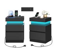 VASAGLE Table de Chevet, Lot de 2, avec Multiprise, LED, 2 Tiroirs | Table de Nuit, 40 x 35 x 55 cm, Style Moderne, Noir d'encre, Collection KAILYN LET840BC01