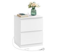 VASAGLE Table de Chevet avec Multiprise, Table d'Appoint, 2 Tiroirs, 2 Prises CA, 1 Port USB-A, 1 Port USB-C, pour Salon, Chambre, Bureau, Moderne, Blanc Nuage LET621W02