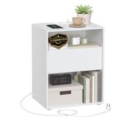 VASAGLE Table de Chevet, Assemblage sans Outils, Table d’Appoint avec Multiprise et Tiroir, Moderne, Chambre, Salon, Blanc Mat LET777W04