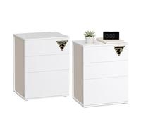 VASAGLE Table de Chevet, Toolless Assemblage Ultra-Rapide sans Outils, Lot de 2, Table d’Appoint avec 3 Tiroirs, Moderne, Chambre, Salon, Blanc Mat et Beige Cappuccino LET779W01