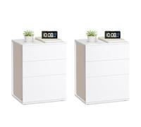 VASAGLE Table de Chevet, Toolless Assemblage Ultra-Rapide sans Outils, Lot de 2, Table d’Appoint avec 3 Tiroirs, Moderne, Chambre, Salon, Blanc Mat et Beige Cappuccino LET779W01
