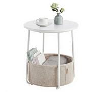 Petite Table Basse Ronde, avec Panier en Tissu, pour Salon, Chambre, Style Moderne, Blanc Mat et Marron Camel