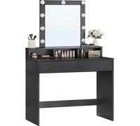 VASAGLE Table de maquillage avec éclairage LED, luminosité réglable, miroir intégré, coffret de maquillage avec 2 tiroirs et 3 compartiments ouverts, noir moderne