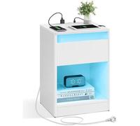 VASAGLE Table de Nuit avec Multiprise, Table d’Appoint avec Lumières LED Réglables, Tiroir, 2 Prises, 2 Ports USB, Blanc Nuage