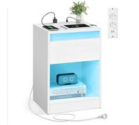 VASAGLE Table de Nuit avec Multiprise, avec Lumières LED Réglables, avec Tiroir, Prises Électriques, Ports USB, Moderne, pour Chambre, Salon, Blanc Nuage LET618T15