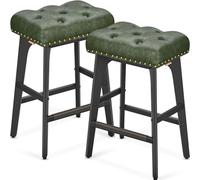 VASAGLE Tabourets de Bar, Lot de 2, Surface en PU, Boutons Tuftés, Bordure Cloutée, Pieds en Bois, Hauteur 66 cm, Coins Bar, Salle à Manger, Montage Facile, Vert Forêt LBC085C01