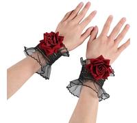 VASANA Bracelet élastique gothique rose en dentelle noire avec fleur rouge vin - Manchon Lolita - Accessoire de costume pour Halloween, bal masqué, fête