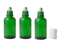 VASANA Lot de 3 flacons vides rechargeables en verre vert 50 ml pour huiles essentielles, échantillons de cosmétiques, pots d'emballage avec boule en métal et bouchon blanc pour huiles essentielles