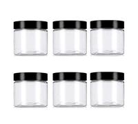 VASANA Lot de 6 récipients vides en plastique transparent avec couvercles noirs pour crème, lotions, pommades et produits cosmétiques - Bouteilles alimentaires pour gommages, lotions, cosmétiques et