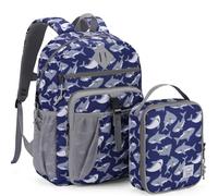 VASCHY Cartable Fille Garçon Primaire, Poches Multiples 2 en 1 Set de Sac à Dos Enfant Scolaire 6 à 9 Ans Grande Capacité Sac d'École avec Sac Repas pour Voyage Randonnée Requin Gris
