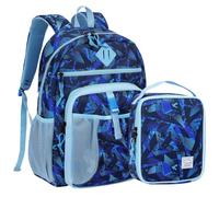 VASCHY Cartable Fille Garçon Primaire, Poches Multiples 2 en 1 Set de Sac à Dos Enfant Scolaire 6 à 9 Ans Grande Capacité Sac d'École avec Sac Repas pour Voyage Randonnée Abstrait Bleu