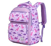 VASCHY Cartable Fille Primaire, Léger Mignon Sac à Dos Enfant 4-7 Ans Résistant à l'Eau 12L Petit Sac a Dos Enfants Filles pour Scolaire Maternelle avec Sangle de Poitrine, Dinosaure Violet