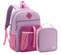 VASCHY Cartable Fille Primaire, Poches Multiples 2 en 1 Set de Sac à Dos Enfant Scolaire Grande Capacité avec Sac Isotherme Repas pour École Voyage Randonnée, Rose