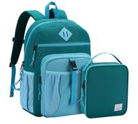 VASCHY Cartable Garçon Primaire, Poches Multiples 2 en 1 Set de Sac à Dos Enfant Scolaire Grande Capacité avec Sac Isotherme Repas pour École Voyage Randonnée, Vert