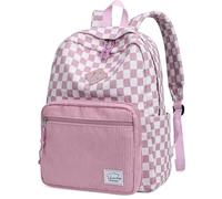 VASCHY Sac à Dos Velours Côtelé Fille, 17.9L Sac à Dos Ordinateur avec Motifs Vichy & Fraise Mignonne pour Élève Primaire Collège Lycée Université Voyage, Vichy Rose Blanc