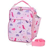VASCHY Sac Isotherme Repas Enfants, Sac à Lunch Portatif Réutilisable Sac à Main de Déjeuner avec Poches pour Bouteilles Sac a Tartine pour École et Pique Nique(Dinosaure Rose)