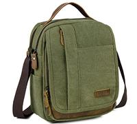 VASCHY Sacoche Homme Bandoulière Vintage, Toile Déperlante Et Cuir, Multi-Poches 7,7 L, Sac Bandoulière Homme Pour Travail Voyage, 22 × 27 × 13 cm, Armée Verte