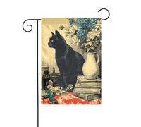 Vase à fleurs de chat noir empilé livres vintage esthétiques drapeau de jardin 30 x 45 cm vertical double face ferme vacances décorations extérieures drapeau de cour