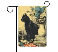 Vase à fleurs de chat noir empilé livres vintage esthétiques drapeau de jardin saisonnier vacances toile de jute double face maison cour drapeaux extérieurs 30,5 x 45,7 cm