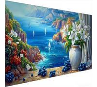 Vase à fleurs Diamond Painting, Par la mer Diamond Painting Adulte Enfant, Activité Manuelle Adulte Débutant, Mosaique Loisir Creatif, Point De Croix Cristal, Murale Maison Décoration 55x110cm W-421