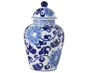 Vase avec Couvercle Antique Vintage en Porcelaine Motif à Fleurs Accessoire Décoratif Blanc et Bleu Cuenca