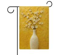 Vase blanc à fleurs dorées sur drapeau de jardin jaune en toile de jute double face 30,5 x 45,7 cm