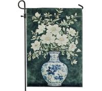 Vase de fleurs blanches pour printemps et été, drapeau de jardin, décoration florale bleue, drapeaux d'extérieur, décoration de cour double face en toile de jute pour fête de vacances, art de la