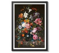 Vase de fleurs vintage - Art mural - Bouquet floral - Peinture à l'huile - Nature morte - Rétro - Décoration d'intérieur - A4 (cadre noir) - 32,7 x 24,1 cm