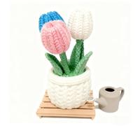 Vase décoratif avec 3 mini tulipes en style tricot + arrosoir - Décoration pour bureau ou étagère, idée cadeau originale, idéal pour ameublement de maison/bureau, pièce maîtresse (rose et bleu)