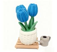 Vase décoratif avec 3 mini tulipes en style tricot + arrosoir - Décoration pour bureau ou étagère, idée cadeau originale, idéal pour ameublement de maison/bureau, pièce maîtresse (bleu)
