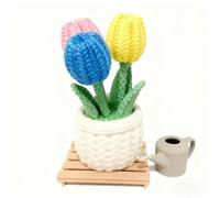 Vase décoratif avec 3 mini tulipes en style tricot + arrosoir - Décoration pour bureau ou étagère, idée cadeau originale, idéal pour ameublement de maison/bureau, pièce maîtresse (rose et jaune)
