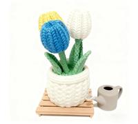 Vase décoratif avec 3 mini tulipes en style tricot + arrosoir - Décoration pour bureau ou étagère, idée cadeau originale, idéal pour ameublement de maison/bureau, pièce maîtresse (jaune et bleu)