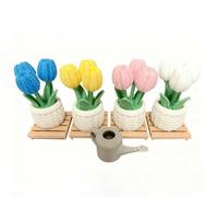 Vase décoratif avec 3 mini tulipes en style tricot + arrosoir - Décoration pour bureau ou étagère, idée cadeau originale, idéal pour ameublement de maison/bureau, pièce maîtresse (set en 4 couleurs)