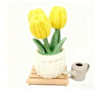 Vase décoratif avec 3 mini tulipes en style tricot + arrosoir - Décoration pour bureau ou étagère, idée cadeau originale, idéal pour ameublement de maison/bureau, pièce maîtresse (jaune)